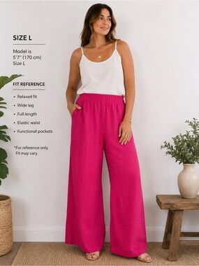 Tahari 100% Linen Wide Leg Pants Hot Pink Elastic Waist Size L